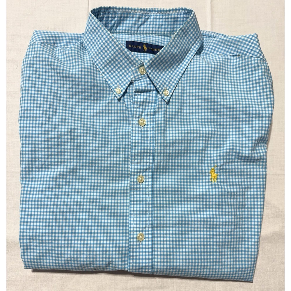 Ralph Lauren Shirt Mens Large Light Blue Gingham Check Button Down Yellow Pony